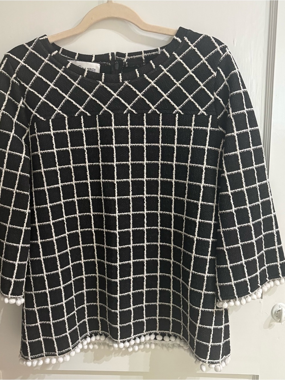 Sara Campbell Black & White Windowpane Pom-Pom Trim Top
